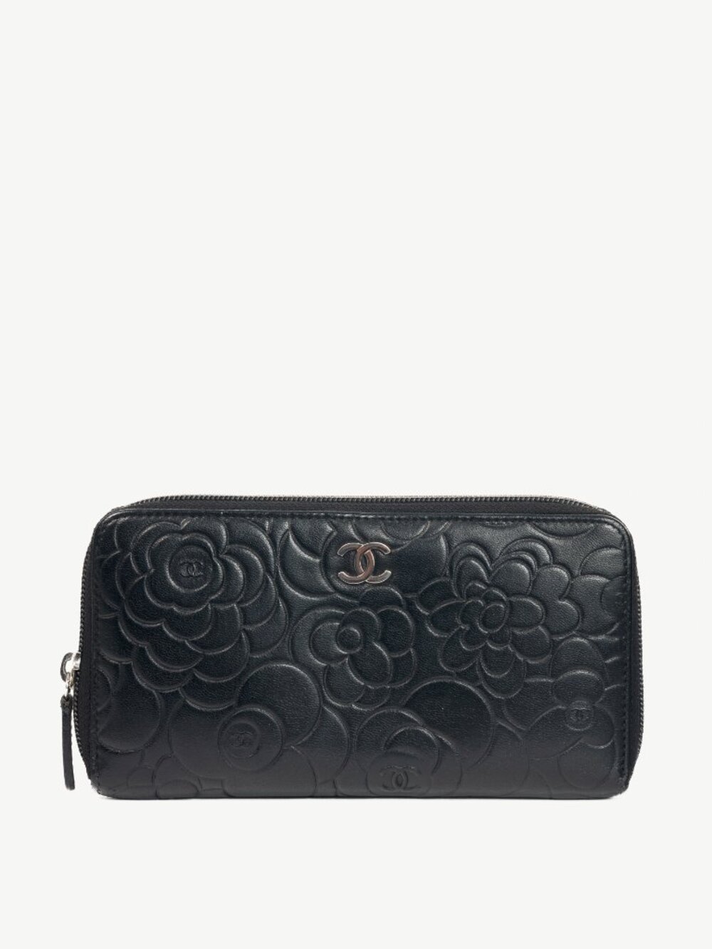 Chanel Black Camellia-Embossed Lambskin Zip Wallet